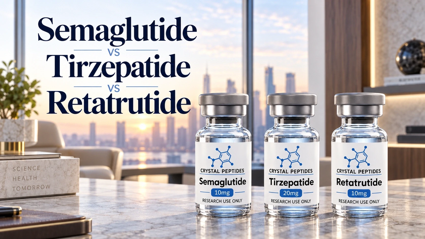 Forschungsfläschchen mit Semaglutide, Tirzepatide und Retatrutide neben dem Vergleichstitel in einem hellen Innenraum.
