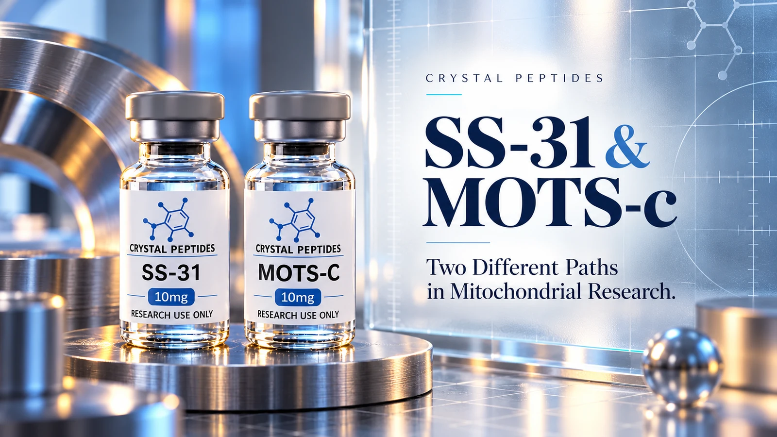 Redaktionelle Produktillustration: SS-31 / MOTS-c — Crystal Peptides.